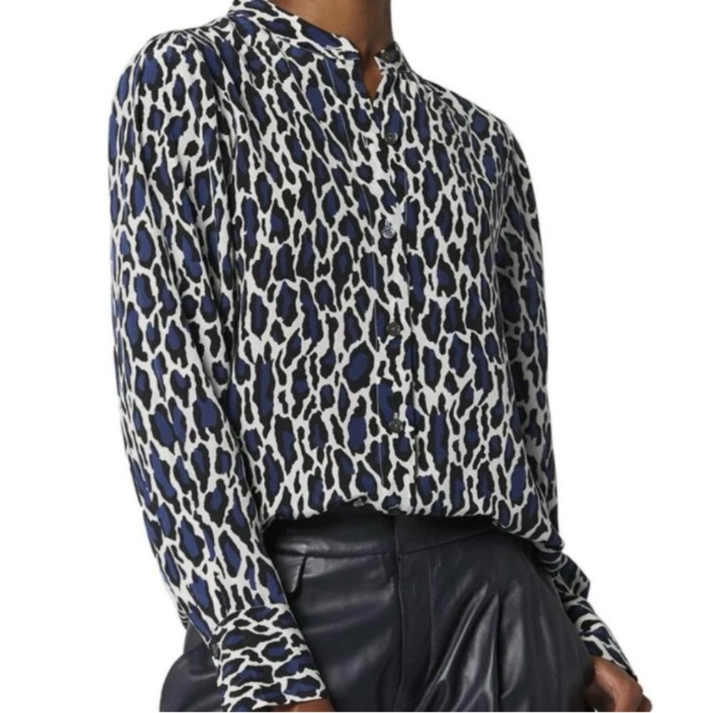 EQUIPMENT FEMME 100% Silk Collarless Blouse Medieval Blue Leopard Print Small
